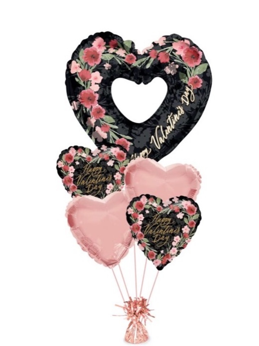 5 pc Valentine's Day Heart Balloon Bouquet - Pink & Black Floral Foil Mylar